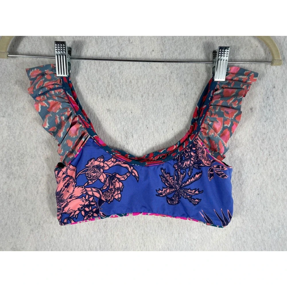 Maaji Kids Reversible Ruffle Bikini Top Floral Abstract Blue Pink Swim Size 12